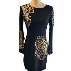 Cache Black Dress with Gold Paisley Accents